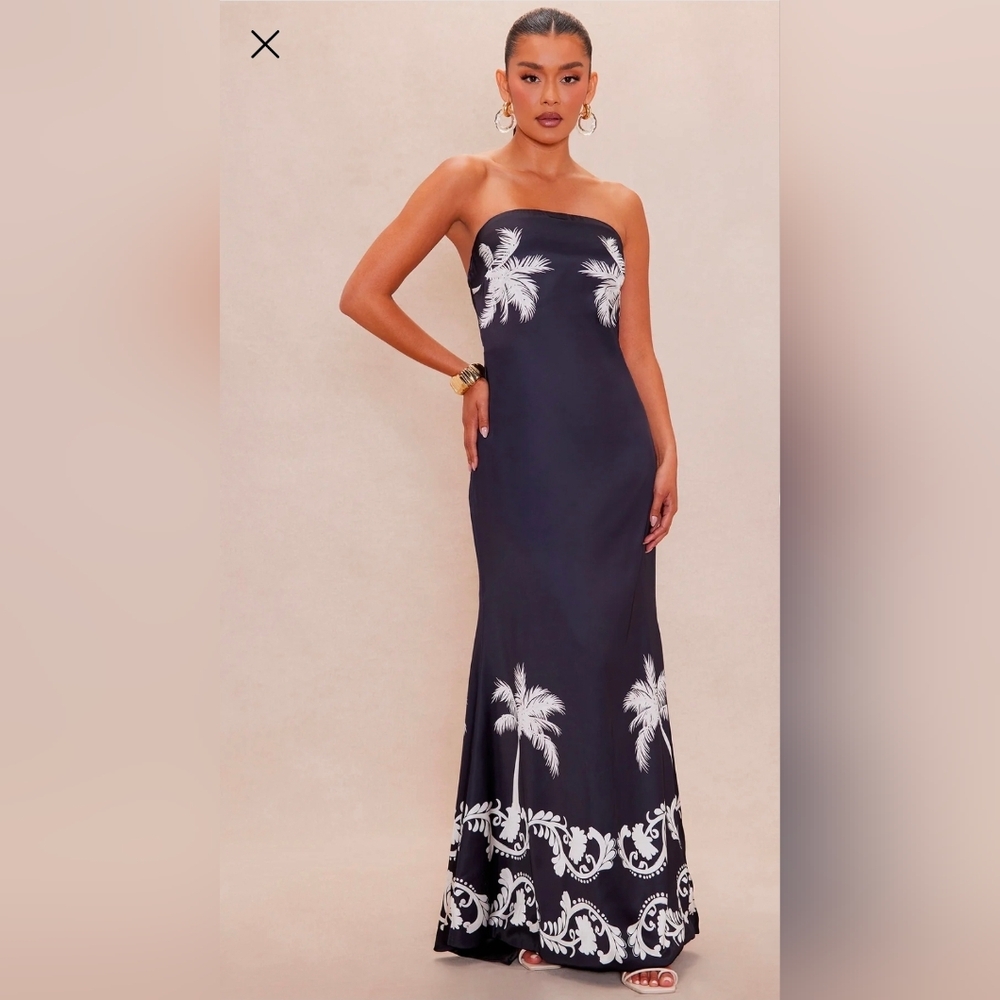 Strapless Black Maxi Dress with White Palm Print
